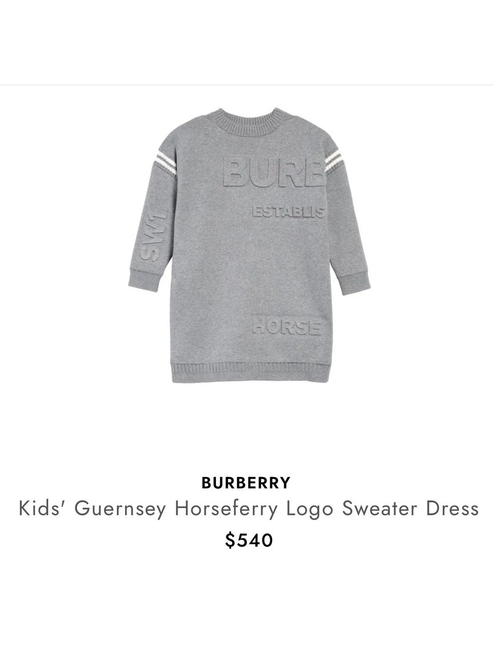 Burberry Kids Guernsey Horseferry Sweater Dress Grey 10Y NWT